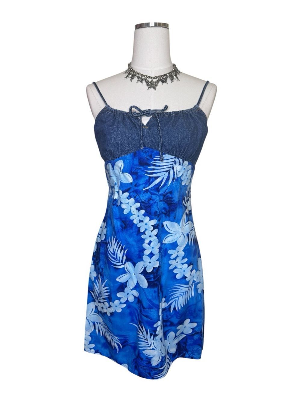 Y2K Aqua Blues Denim + Blue Floral Tie-Front Milkmaid Sundress Dress Size Mediun